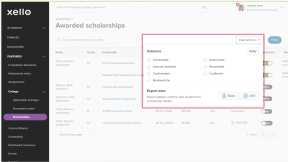 Awarded scholarships page. The Data options menu is open and highlighted.